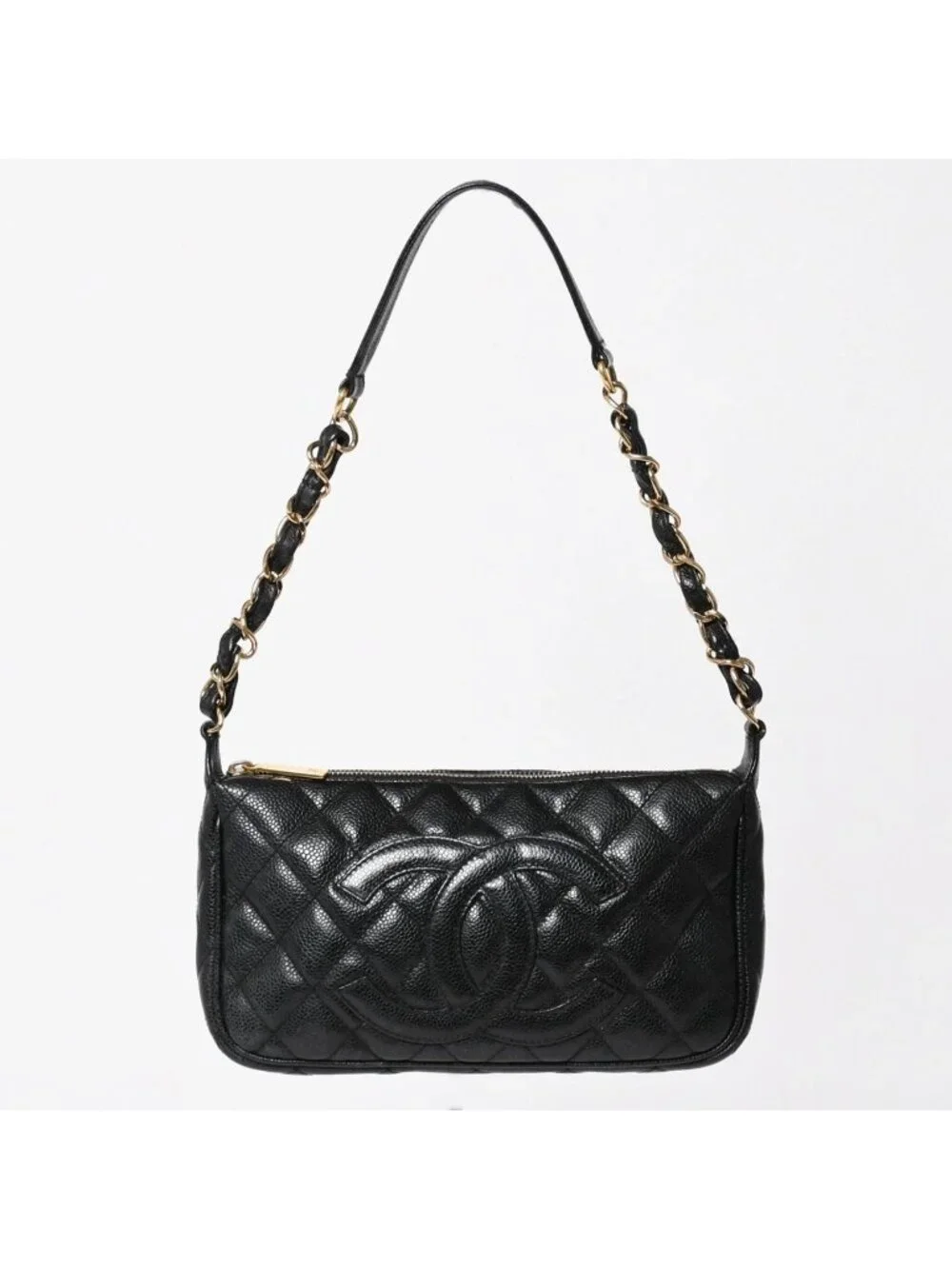 Chanel Chain Shoulder Bag Quilted Caviar Leather CC Logo Black Pouch